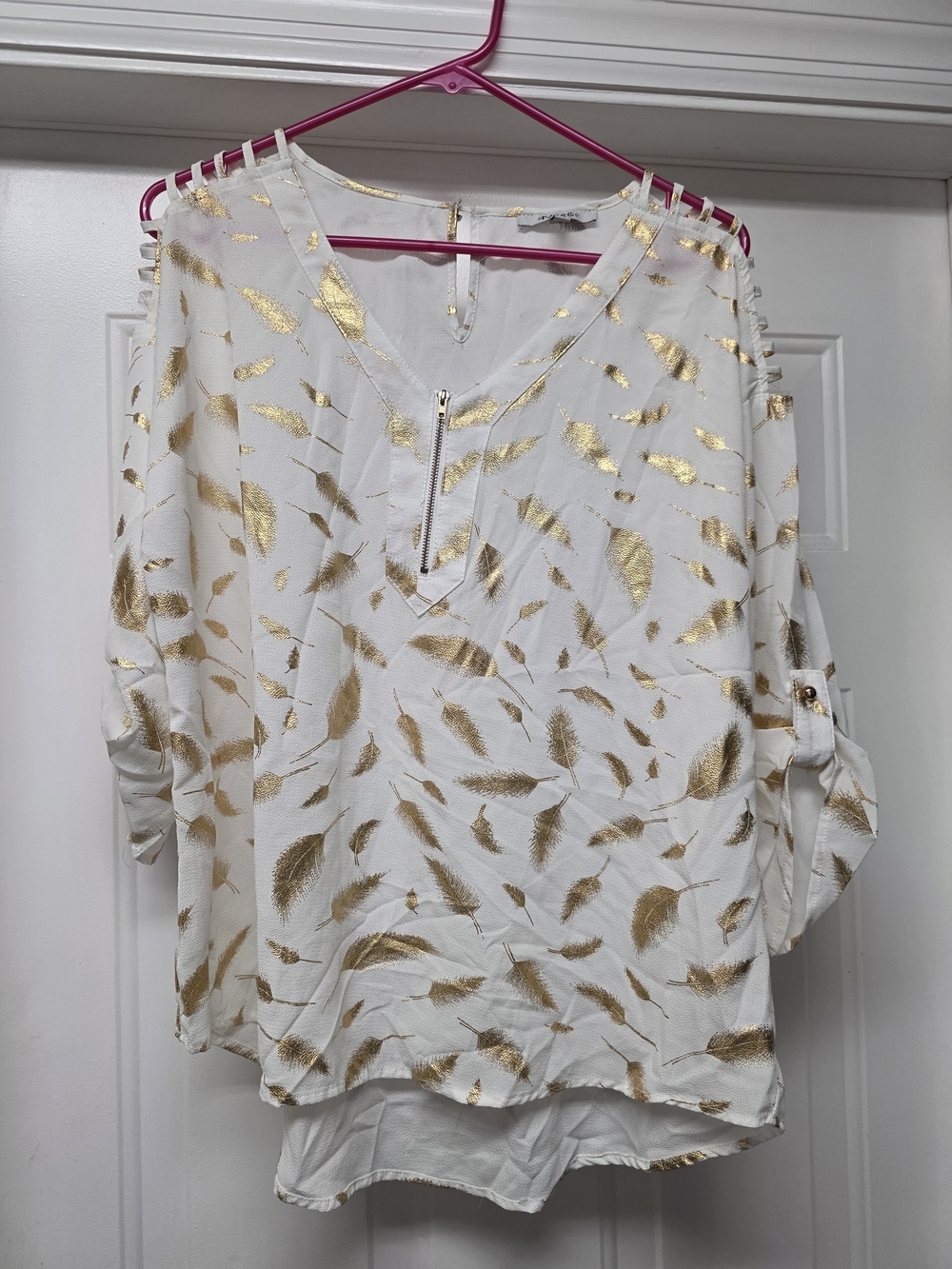 White & Gold Foil Feather V-Neck Blouse
